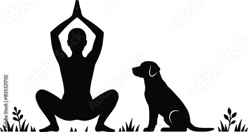 Silhouette yoga pose with dog outdoors in nature, peaceful mindfulness moment, human-animal connection, calm meditation, grassy field scene