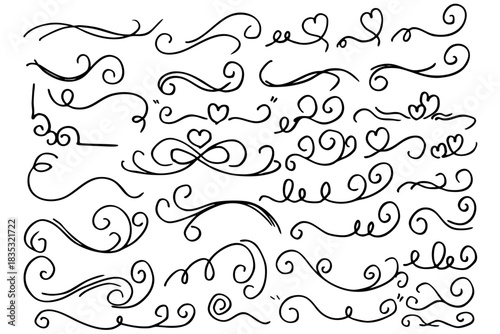 ハートとくるくるのライン素材のイラスト　ベクター