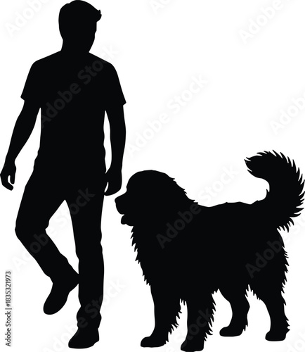 Silhouette of person walking with large fluffy dog, outdoor companionship, pet care, friendship, black vector art for stock illustration