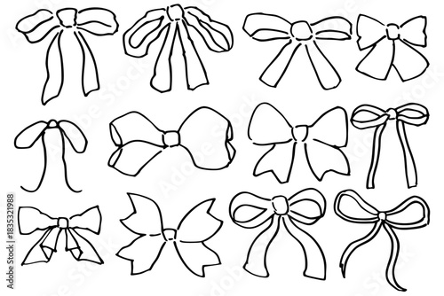 リボンの線画コレクション｜手描きラインアートのかわいい装飾セット