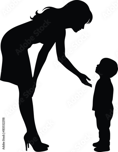 Silhouette of caring adult woman comforting child, parenting support, emotional connection, guidance, family love, mother and child interaction