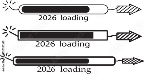 2026 rocket loading bar doodle hand-drawn icon with firecracker and pointed tip. download symbol, vector illustration

