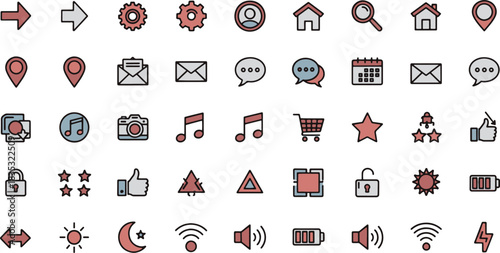 Collection of essential user interface icons including arrows settings profile home search location email chat calendar camera music shopping and battery indicators