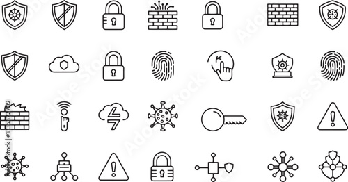 Collection of security icons including shields locks firewalls fingerprints and warnings representing cybersecurity data protection and network safety in a modern design