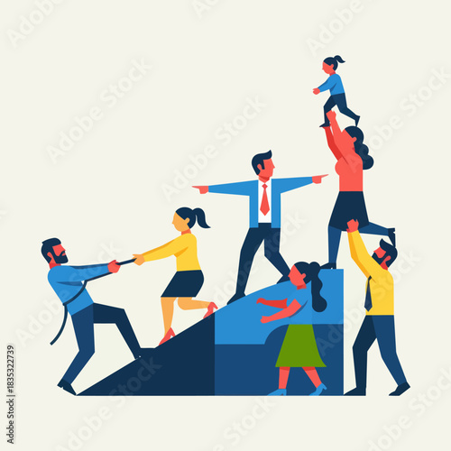 Diverse team collaborating to achieve success climbing stairs together.