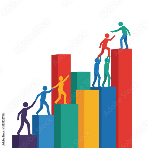 Colorful Silhouettes Climbing Bar Graph Representing Teamwork and Success.