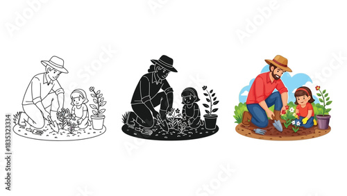 Father and child gardening together showing three styles line art, silhouette and full color illustration