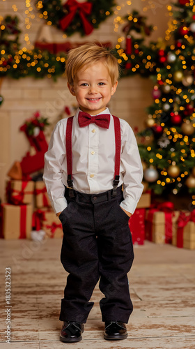 A young boy wearing a white shirt suspenders and a red bow tie is standing in front of a Christmas tree