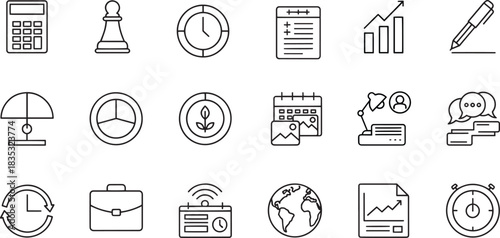 Business strategy icons showcase planning finance and growth including charts calendars and global reach perfect for presentations and infographics on corporate success and management tools