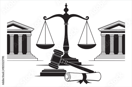 Scales of justice gavel and courthouse buildings in a black and white illustration