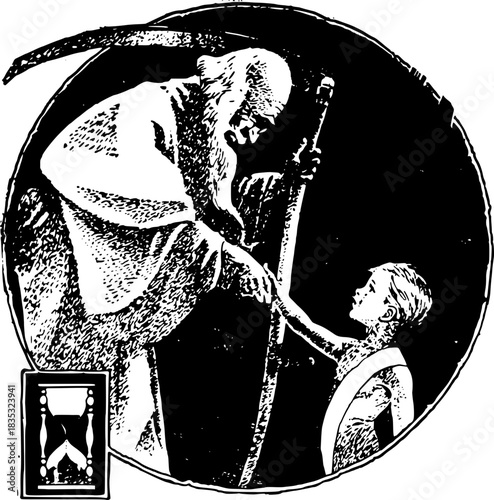 Death and the Child: A stark monochrome depicts the allegorical figure of Death reaching out towards a child. The scene evokes a sense of mortality and the ephemeral nature of life.