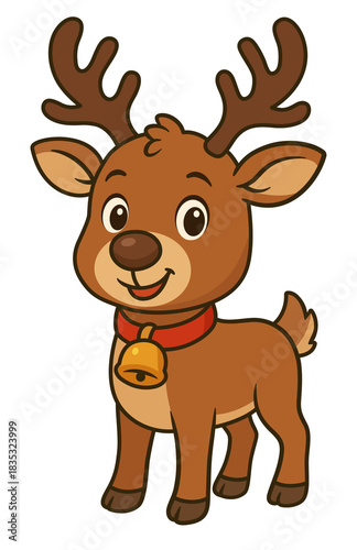 Christmas reindeer cartoon character illustration. Little cute deer with bell