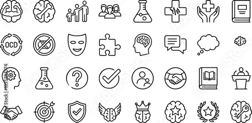 Line art icon collection representing mental health, communication, family support, education, and wellness concepts, ideal for infographics, presentations, apps, and professional design projects