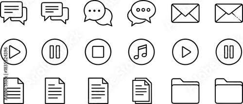 Minimal line icon set featuring chat bubbles, email envelopes, media controls, documents, and folders designed for modern digital interfaces and communication tools