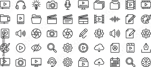 video, audio, camera, folder, pencil, palette, cloud, upload, download, calendar, search, headset, microphone, document, brain