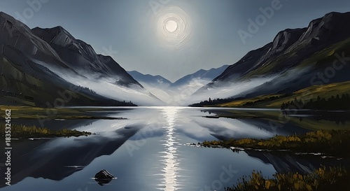 Misty Mountains Reflecting in a Serene Lake Under a Full Moon.