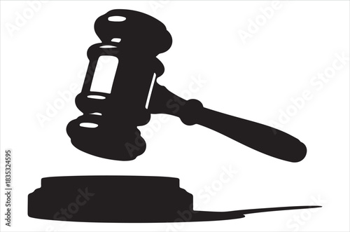 A simple black and white illustration of a gavel resting on a sound block