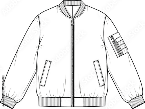 Bomber jacket technical fashion flat, front garment sketch, zipper outerwear template, apparel design outline, vector illustration for clothing designers and makers
