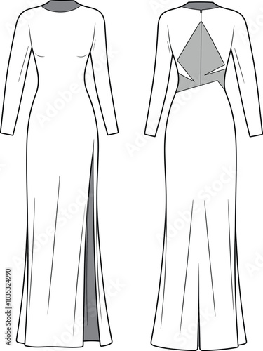 Elegant long sleeve evening gown fashion sketch with side slit and geometric back cutout, garment template, vector dress illustration design