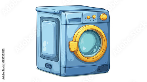 Modern Blue Washing Machine with Yellow Button for Laundry Appliance Ads
