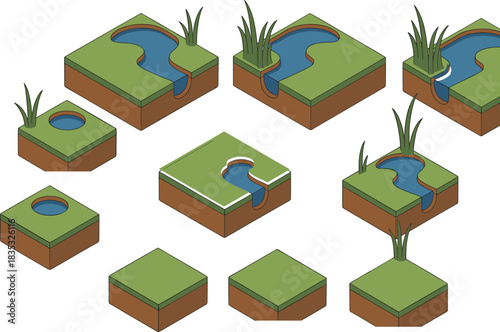 Isometric landscape tiles with water ponds, grass terrain, stream shapes, natural environment blocks, game assets design, modular nature illustration