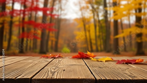 Empty rustic wood table with autumn leaves and blurred forest