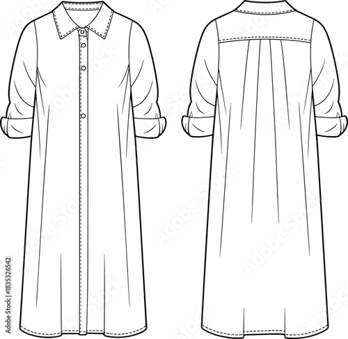 Long shirt dress fashion flat sketch with rolled sleeves, button front, pleated back yoke, technical apparel drawing template for clothing designers