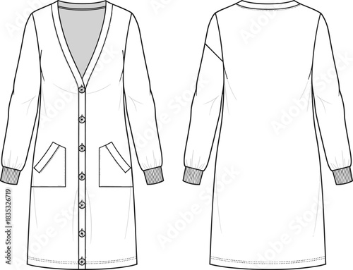 Long sleeve cardigan dress fashion flat sketch, women’s apparel technical drawing, button front knitwear design with pockets and rib cuffs, vector