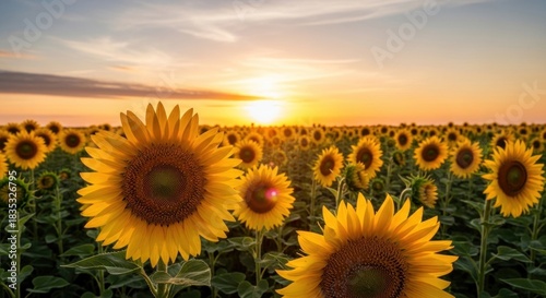 A vast field of sunflowers basks in the warm glow of a golden sunset