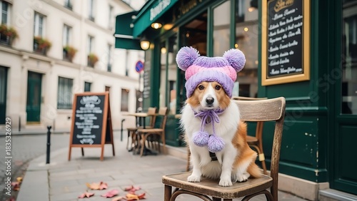 Fototapeta Naklejka Na Ścianę i Meble -  Adorable collie dog wearing a cute purple fluffy hat sits on a wooden chair outside a parisian cafe on a charming cobblestone street