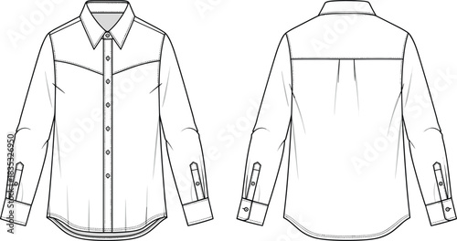 Long sleeve western shirt technical drawing, fashion flat sketch, front and back view apparel template, detailed garment outline for designers and illustrators