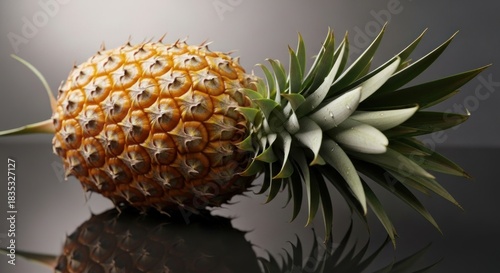 A vibrant, textured pineapple with spiky skin and a crown of green leaves. Reflected