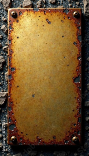 Aged brass sign, textured surface, grunge effect, metal, patina