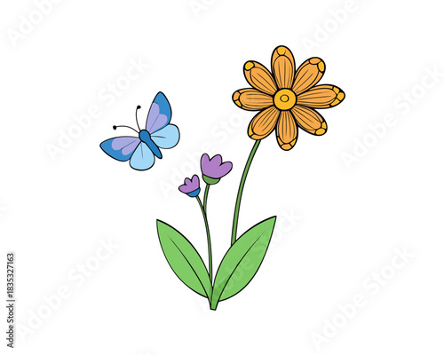 Spring flowers and butterfly vector illustration isolated on white background