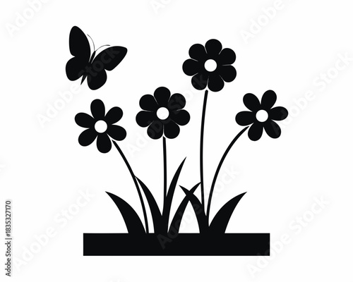 Spring flowers and butterfly silhouette vector illustration isolated on white background