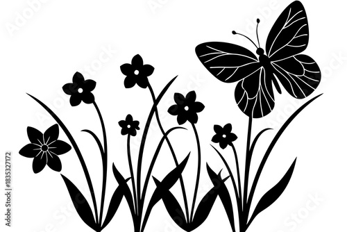 Spring flowers and butterfly silhouette vector illustration isolated on white background