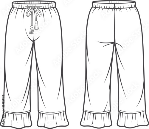 Ruffle hem pants fashion flat sketch with drawstring waist and tassel ties, technical apparel design template for clothing designers and illustrators