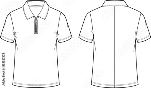 Short sleeve polo shirt with zip neckline fashion template, detailed front and back flat sketch, vector garment design illustration for apparel
