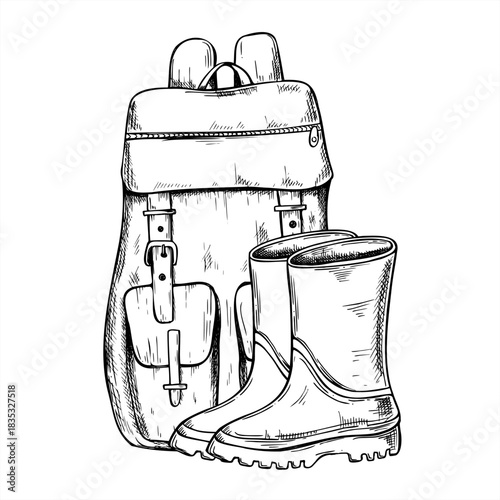 Backpack and rubber boots vector isolated line ink illustration. Bag and protective footwear for forest walk, fishing, trip. Autumn rainy weather or tourist accessories in hand drawn sketch style.