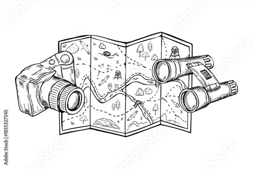 Hand drawn camera and binoculars lying on tourist parchment map vector isolated illustration. Map with route and destination point, birdwatching optical accessories etching drawing. For local tourism