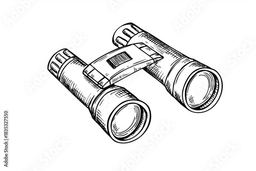 Monochrome classic Binoculars vector isolated illustration painted by black inks. Hand drawn tourist optical equipment in detailed ink sketch style. For travel, wildlife observation, outdoor adventure
