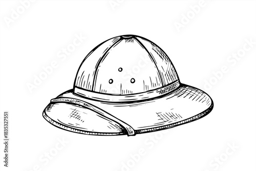 Vector safari or jungle hat line art black ink sketch. Vietnam pith helmet monochrome illustration. Camping hat hand drawing for historical themes, safari adventures, and travel to Southeast Asia