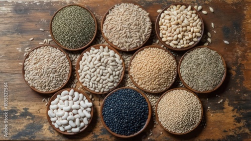 Various grains and legumes in small bowls