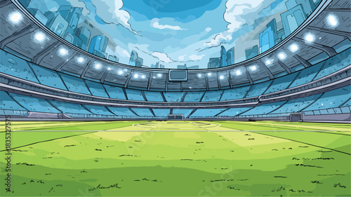 Vibrant Cartoon Soccer Stadium with Green Background Vector Illustration