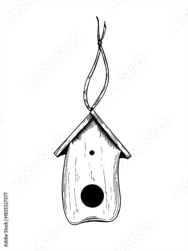 Decorative bird house with rope vector isolated illustration painted by black inks. Hanging wooden birdhouse with round hole, roof graphic sketch. For garden project labels, DIY crafts