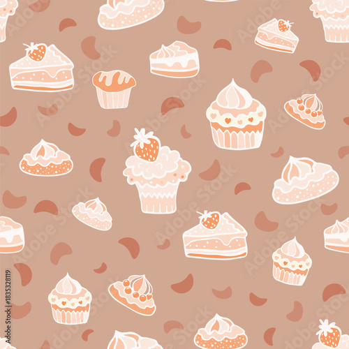 A seamless cupcake and muffin pattern in pastel tones, a hand-drawn cupcake background with a cherry on top, a wrapping paper doodle design 