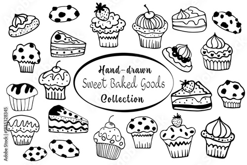 Foto Pastry collection black and white, sweets, cakes, muffins, cupcake doodles, hand