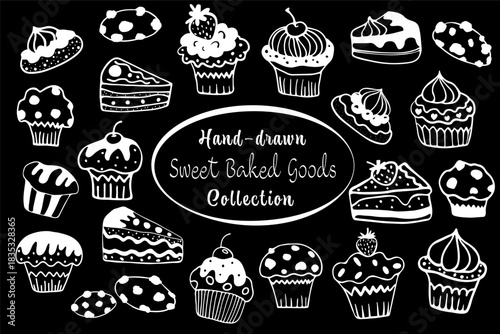 Quadro su tela Pastry collection white on black, sweets, cakes, muffins, cupcake doodles, hand-