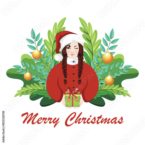 Merry Christmas card, festive brunette Woman with braids in red Santa outfit offering a Gift, surrounded by Christmas greenery and Holiday decorations