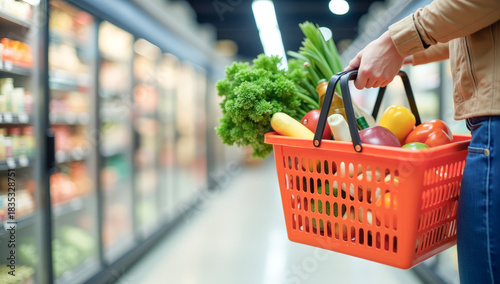 A full basket of vegetables in hand in a close-up at the supermarket